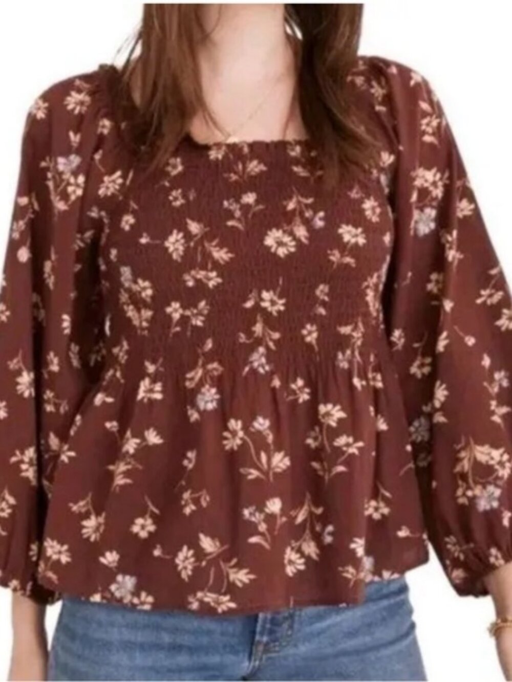 Madewell Cotton Lucie Smocked Peplum Blouse Beatrice Floral Dark Merlot